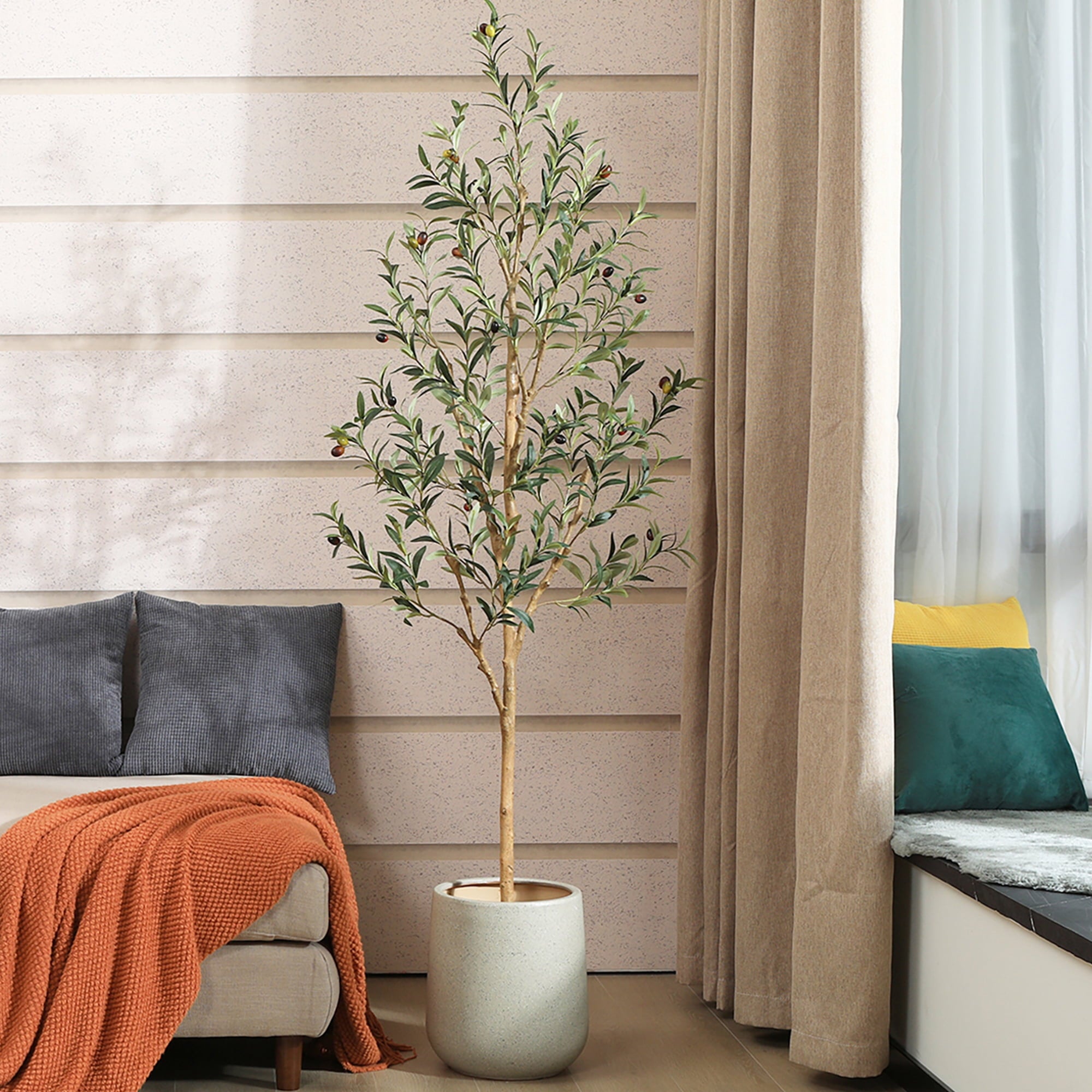 DR.Planzen 6ft Artificial Olive Tree Indoor, Tall Faux Olive Tree, Artificial Plants with Natural Wood Trunk and Lifelike Fruits for Home Office Decor