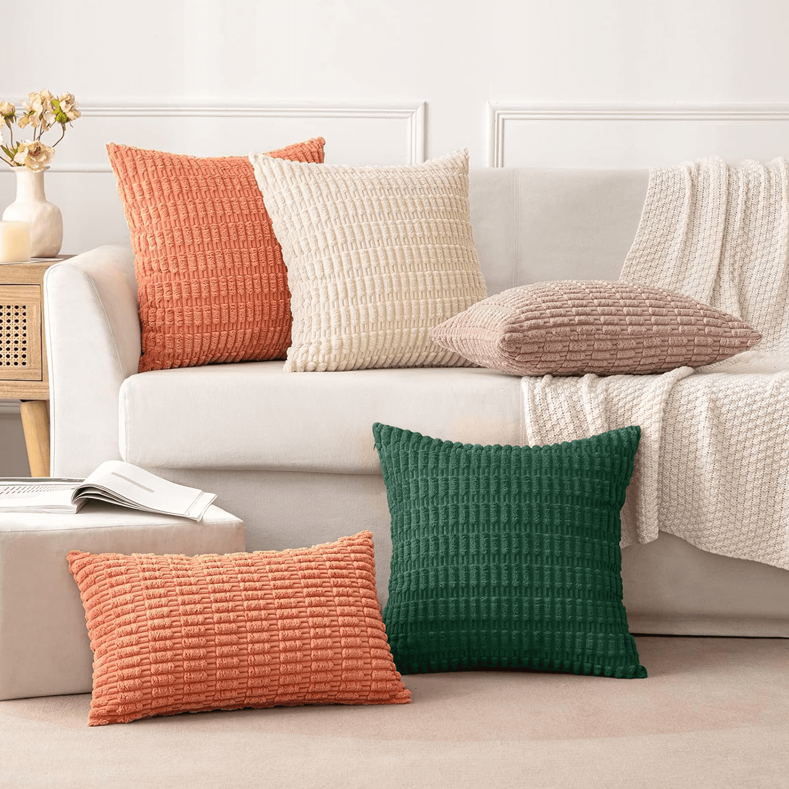 Sanmadrola Throw Pillow Covers 18x18 inch Set of 2 Corduroy Decorative Pillow Cases Couch Pillows Soft Boho Striped Cushion Cases Set for Sofa Living Room Couch Bedroom Car, Dark Green