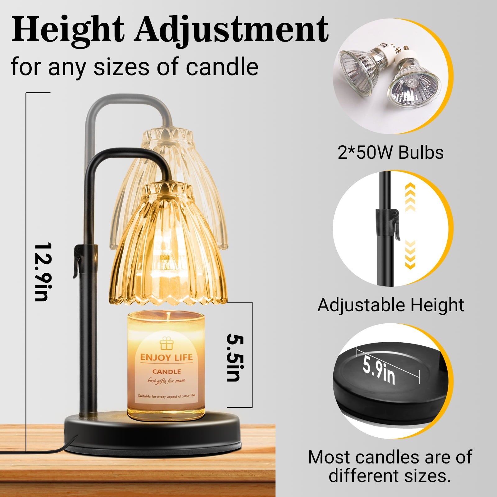 DAYBETTER Candle Warmer Lamp, Adjustable Height Timer Gifts Wax Warmer Lamp, Wax Melt Lights for New Home Decor(2*50W Bulbs)