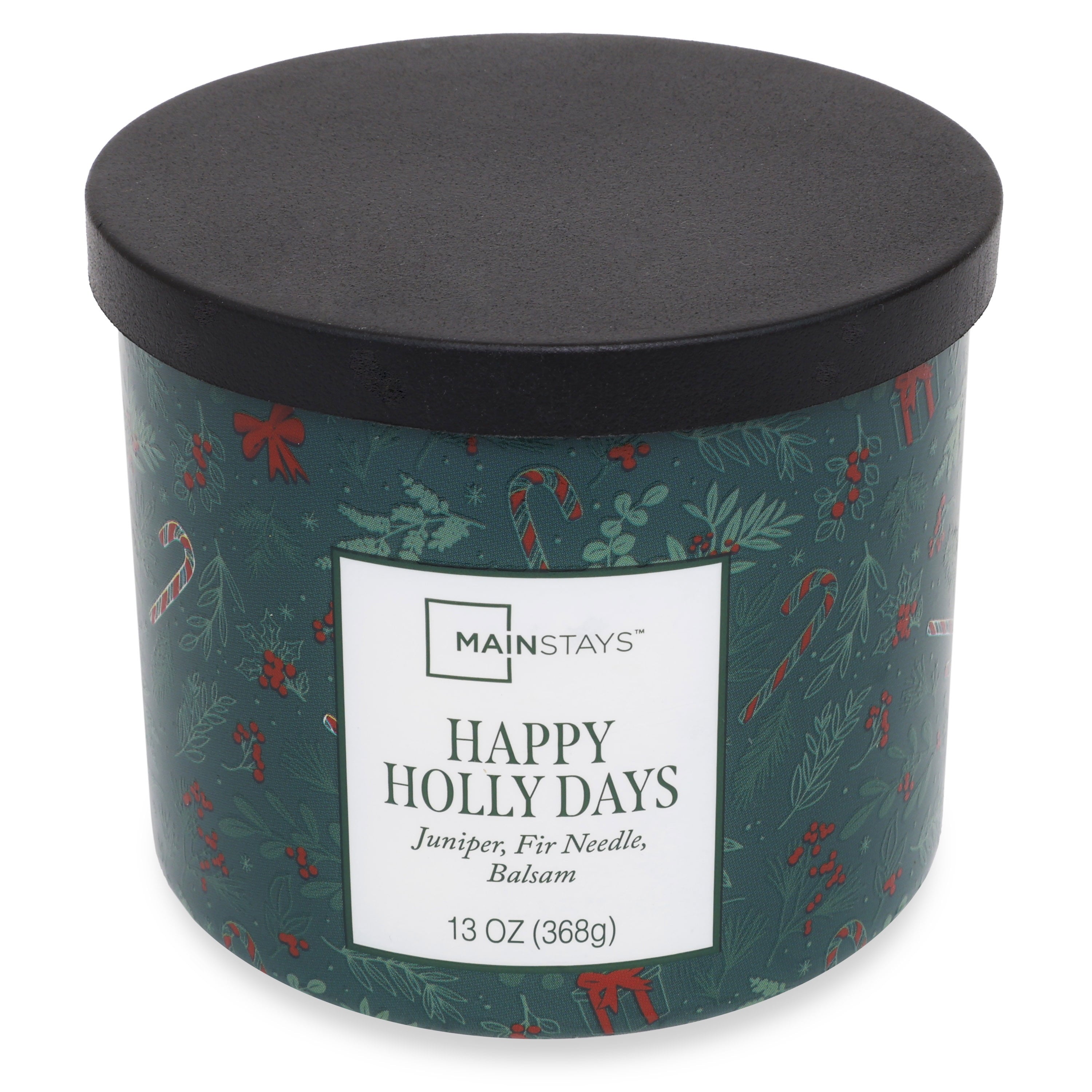 Mainstays 3-Wick Happy Holly Days Scented Candle with a Green Garland Toss Scene Wrap, 13-Ounce