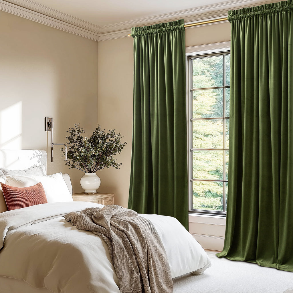 NICETOWN Christmas Velvet Curtains for Living Room 84 inch Length 2 Panels Set, Rod Pocket Thermal Insulated Drapes Room Darkening Retro Window Treatments, Olive Green