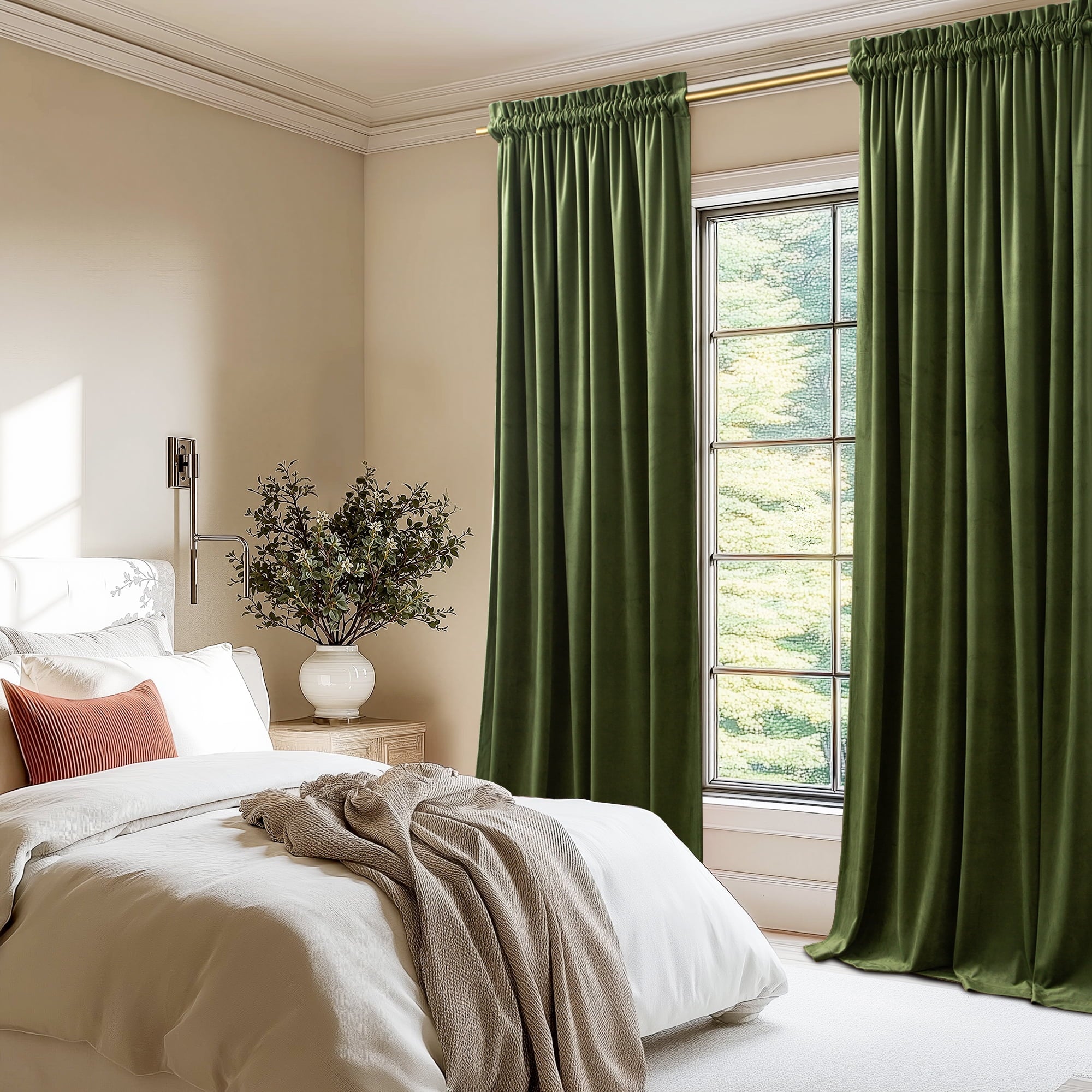 NICETOWN Christmas Velvet Curtains for Living Room 84 inch Length 2 Panels Set, Rod Pocket Thermal Insulated Drapes Room Darkening Retro Window Treatments, Olive Green