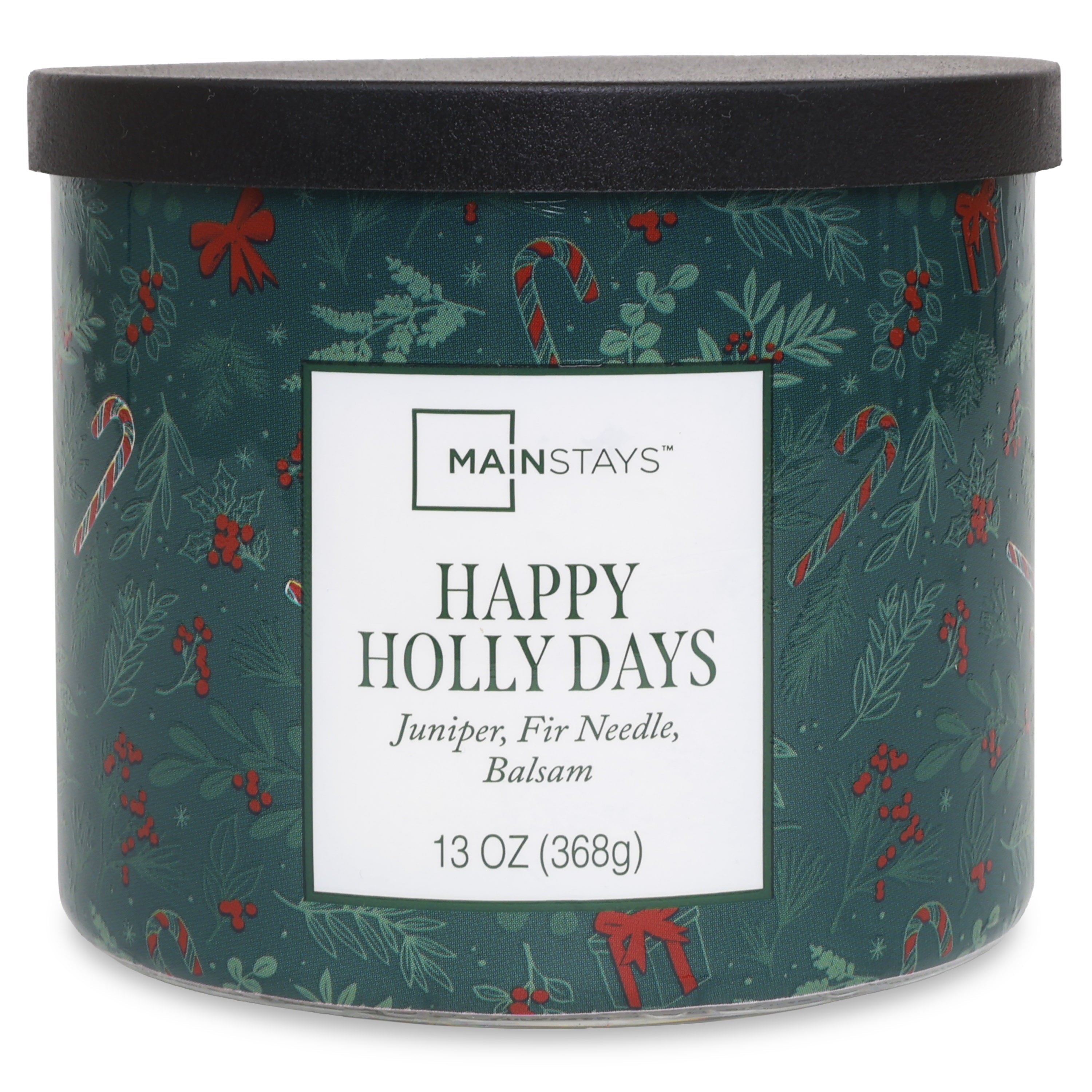 Mainstays 3-Wick Happy Holly Days Scented Candle with a Green Garland Toss Scene Wrap, 13-Ounce