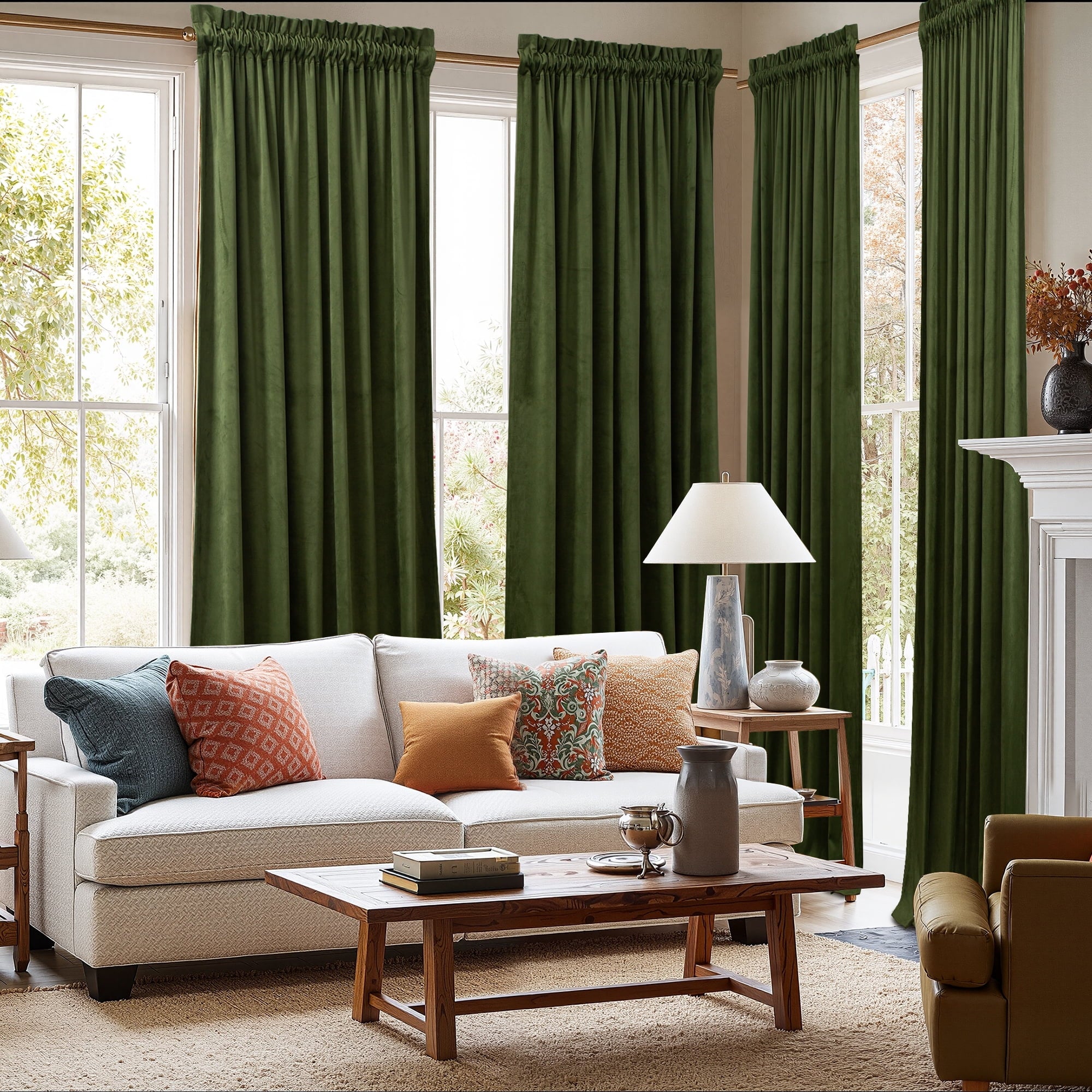 NICETOWN Christmas Velvet Curtains for Living Room 84 inch Length 2 Panels Set, Rod Pocket Thermal Insulated Drapes Room Darkening Retro Window Treatments, Olive Green