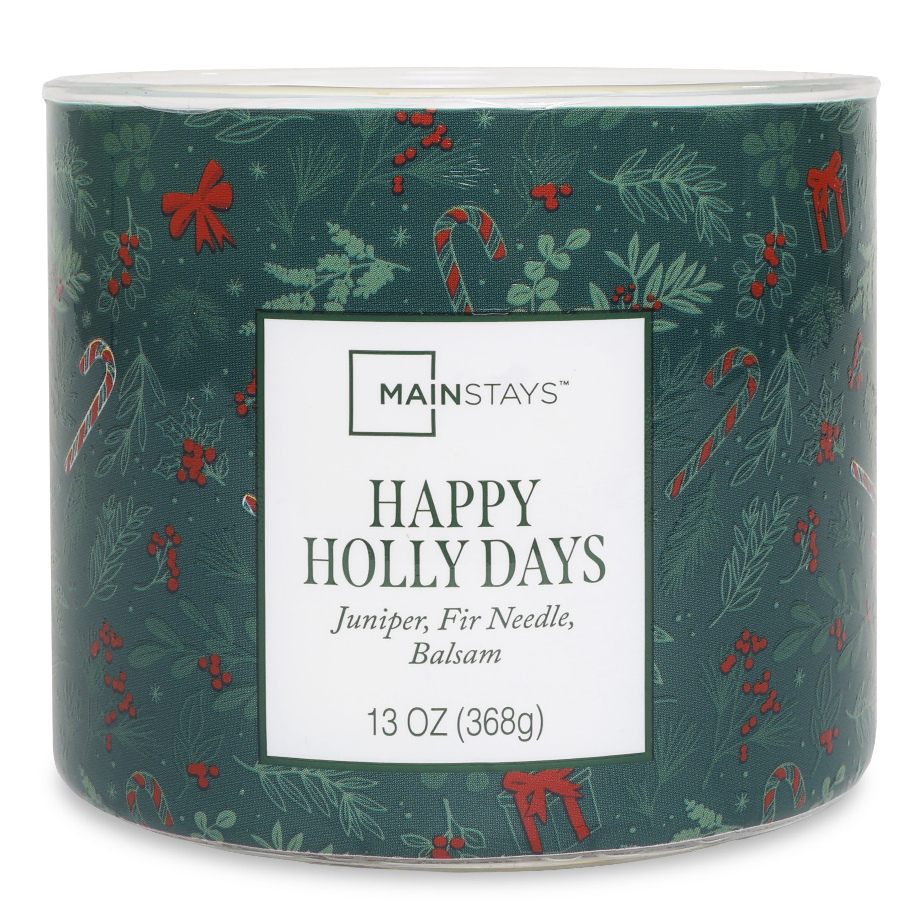 Mainstays 3-Wick Happy Holly Days Scented Candle with a Green Garland Toss Scene Wrap, 13-Ounce