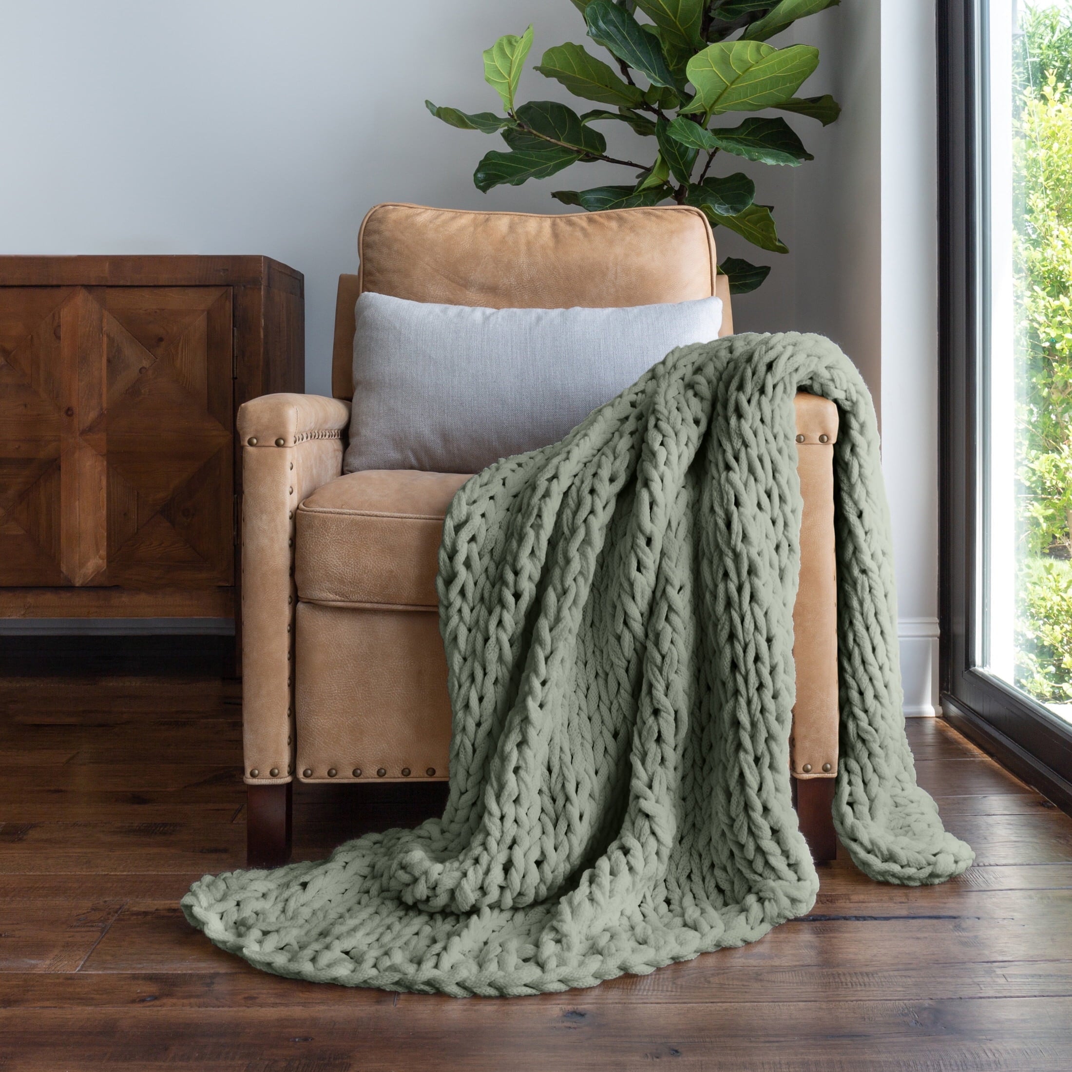 Comfort Canopy - Throw Blanket, Eucalyptus Green Chunky Soft Acrylic Hand-Knit Blanket