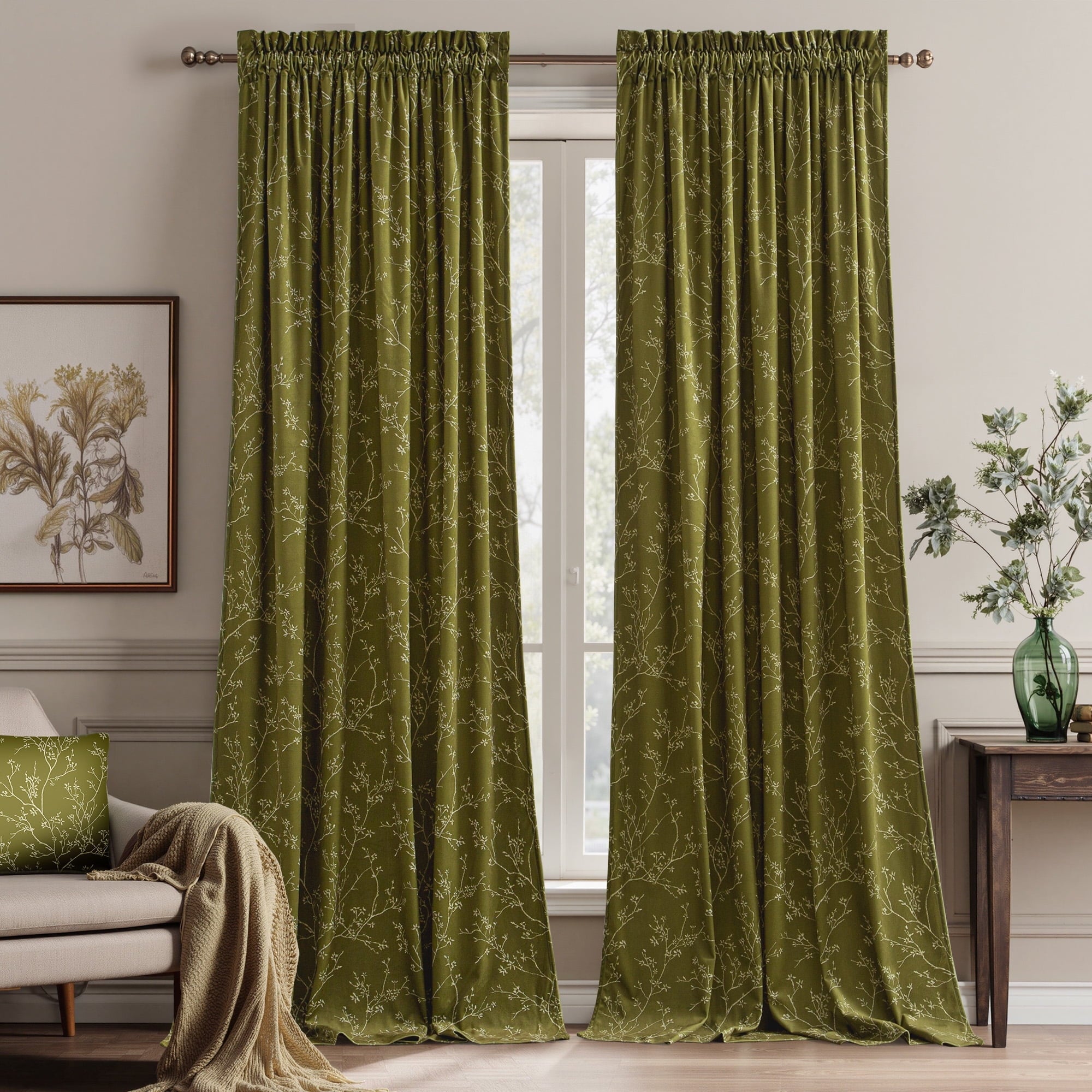 NICETOWN Christmas Velvet Curtains for Living Room 84 inch Length 2 Panels Set, Rod Pocket Thermal Insulated Drapes Room Darkening Retro Window Treatments, Olive Green
