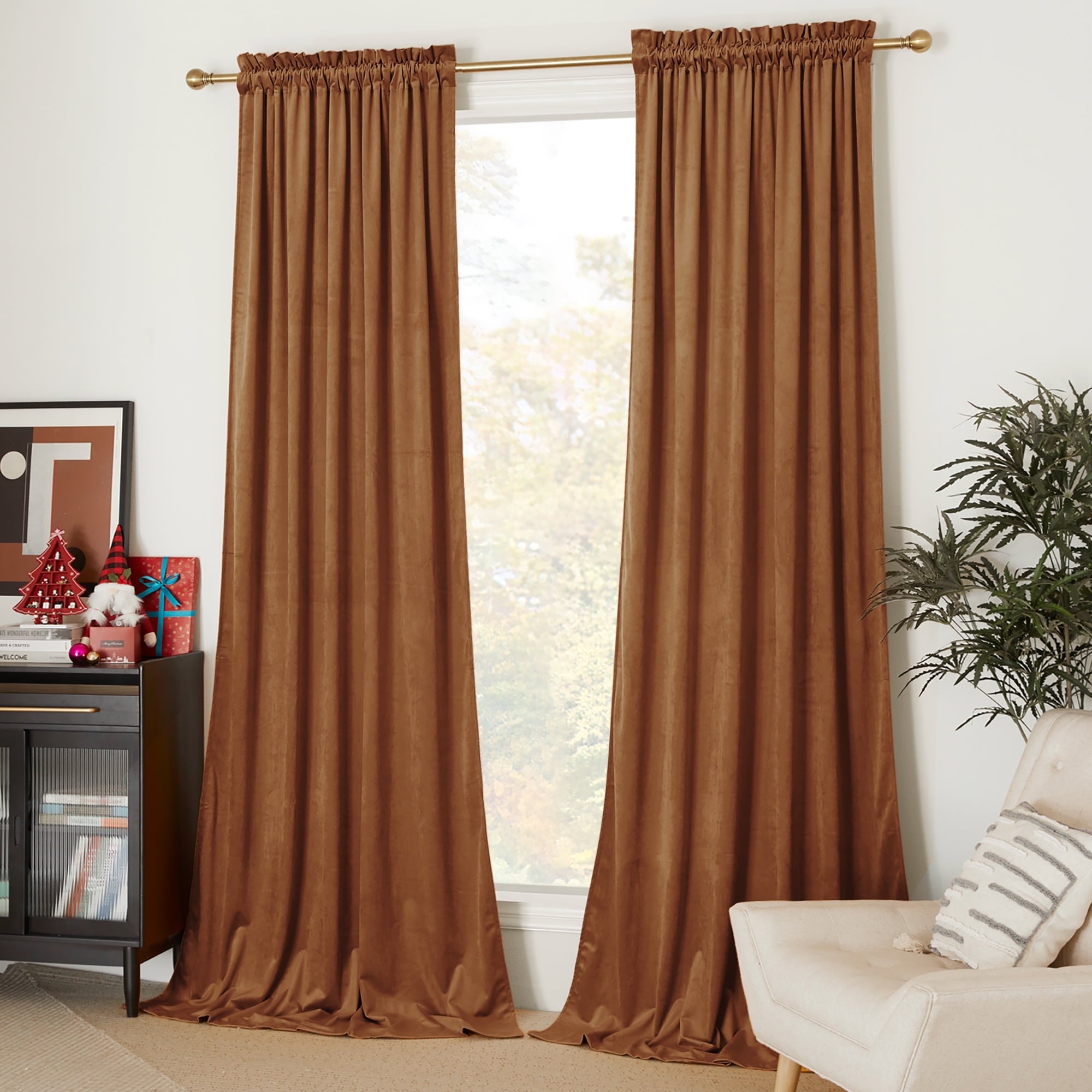 NICETOWN Christmas Velvet Curtains for Living Room 84 inch Length 2 Panels Set, Rod Pocket Thermal Insulated Drapes Room Darkening Retro Window Treatments, Olive Green
