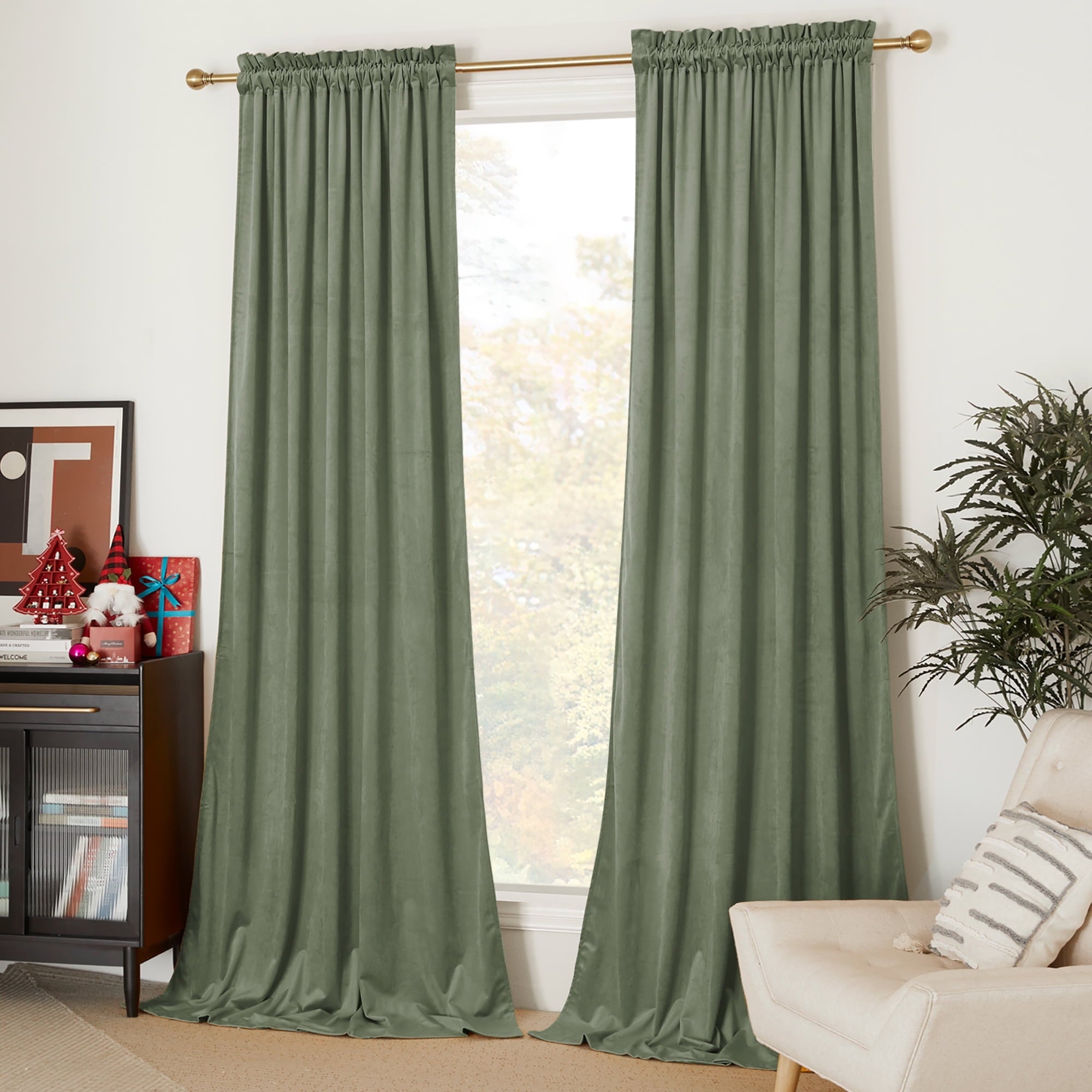 NICETOWN Christmas Velvet Curtains for Living Room 84 inch Length 2 Panels Set, Rod Pocket Thermal Insulated Drapes Room Darkening Retro Window Treatments, Olive Green