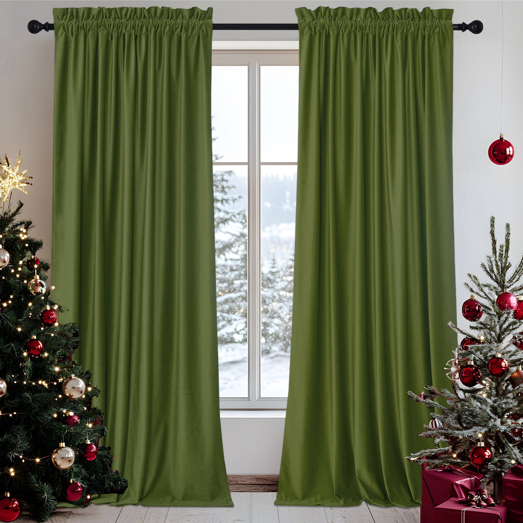 NICETOWN Christmas Velvet Curtains for Living Room 84 inch Length 2 Panels Set, Rod Pocket Thermal Insulated Drapes Room Darkening Retro Window Treatments, Olive Green