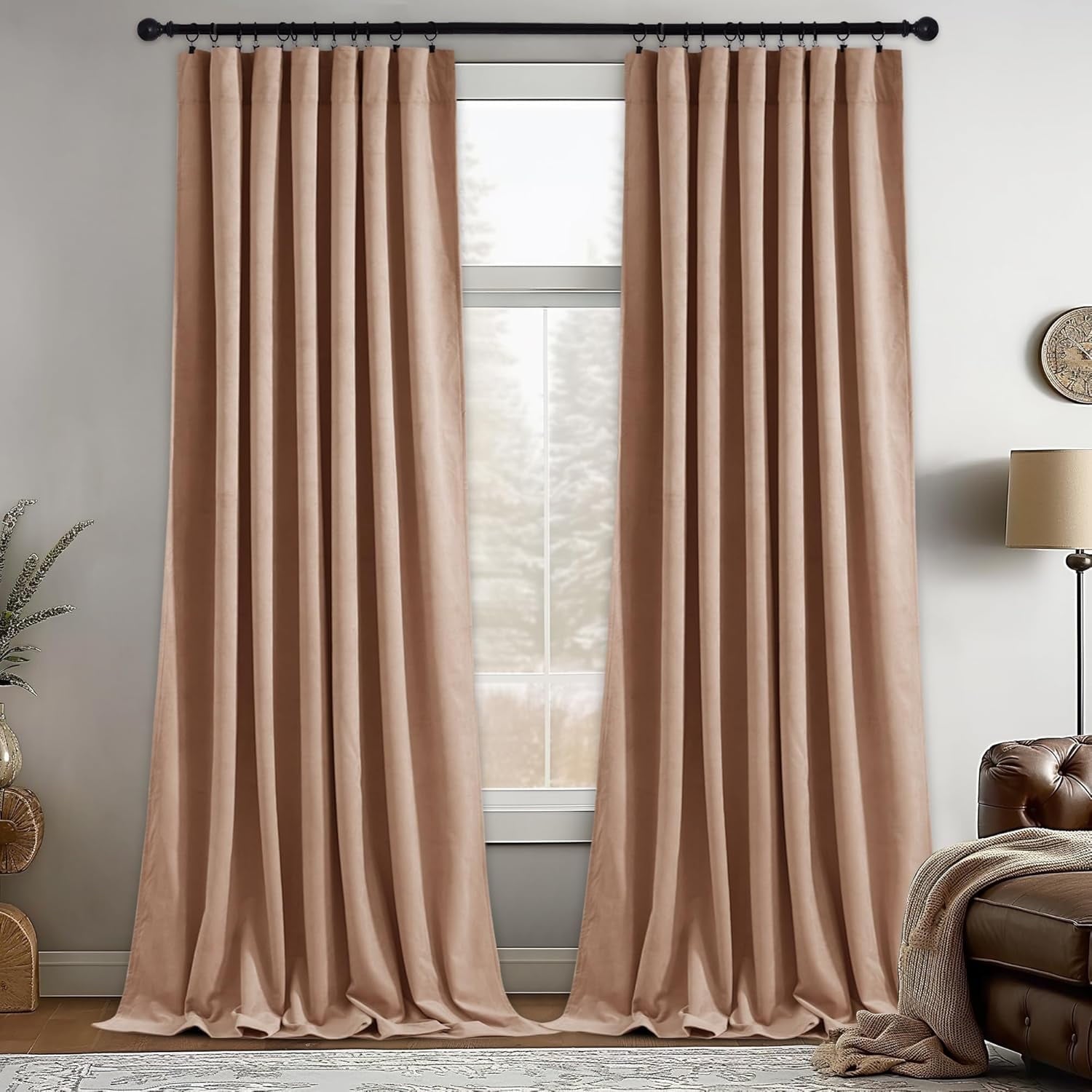 NICETOWN Christmas Velvet Curtains for Living Room 84 inch Length 2 Panels Set, Rod Pocket Thermal Insulated Drapes Room Darkening Retro Window Treatments, Olive Green