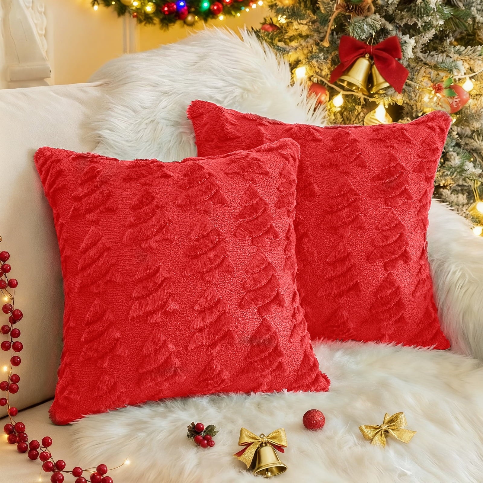 Sanmadrola Christmas Tree Decorative Throw Pillow Covers Set of 2, 18"x18" Soft Fluffy Pillowcases for Home Décor, Boho Pillow Covers Winter Holiday Cushion Cases for Sofa Couch Bedroom Living Room
