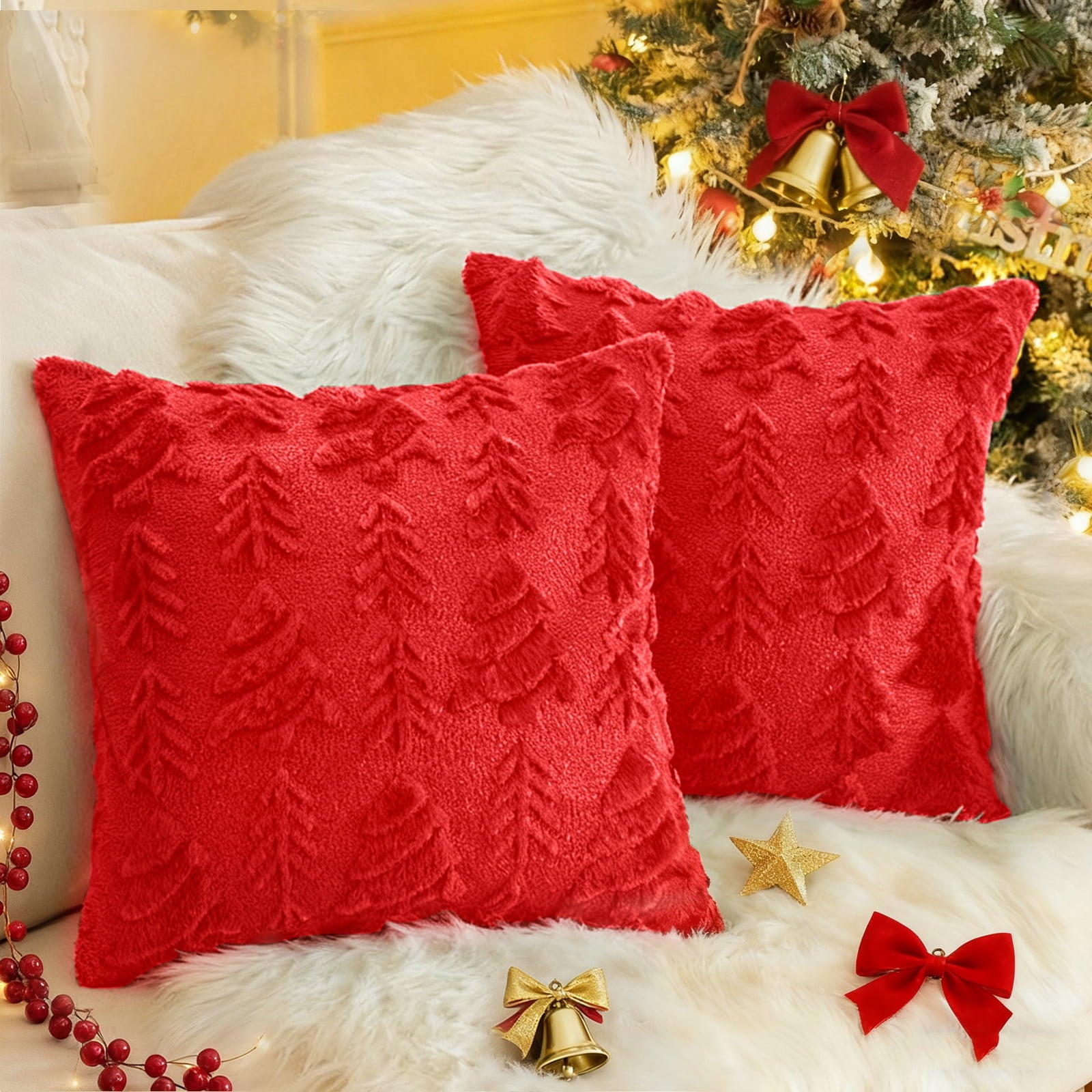 Sanmadrola Christmas Tree Decorative Throw Pillow Covers Set of 2, 18"x18" Soft Fluffy Pillowcases for Home Décor, Boho Pillow Covers Winter Holiday Cushion Cases for Sofa Couch Bedroom Living Room