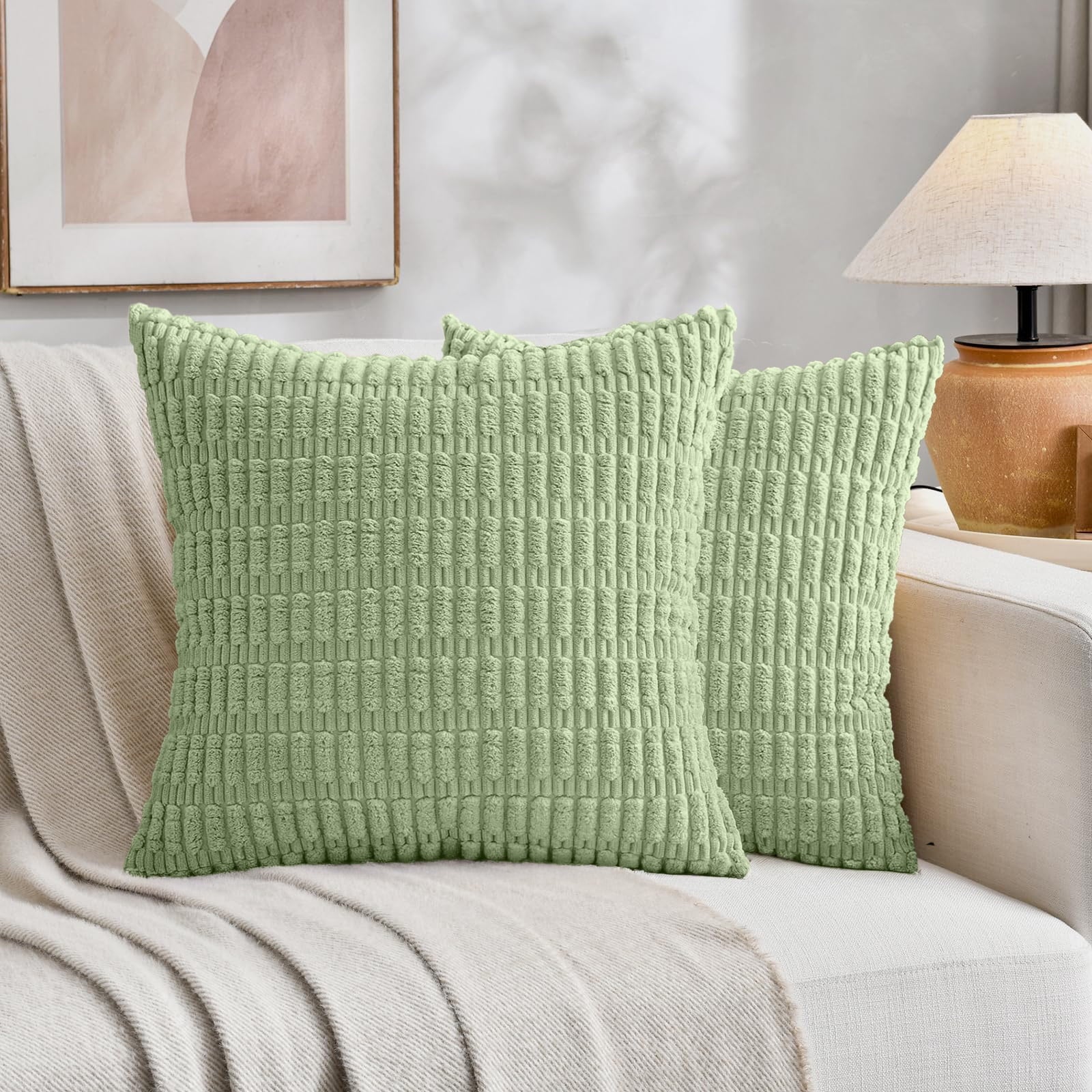 Sanmadrola Throw Pillow Covers 18x18 inch Set of 2 Corduroy Decorative Pillow Cases Couch Pillows Soft Boho Striped Cushion Cases Set for Sofa Living Room Couch Bedroom Car, Dark Green