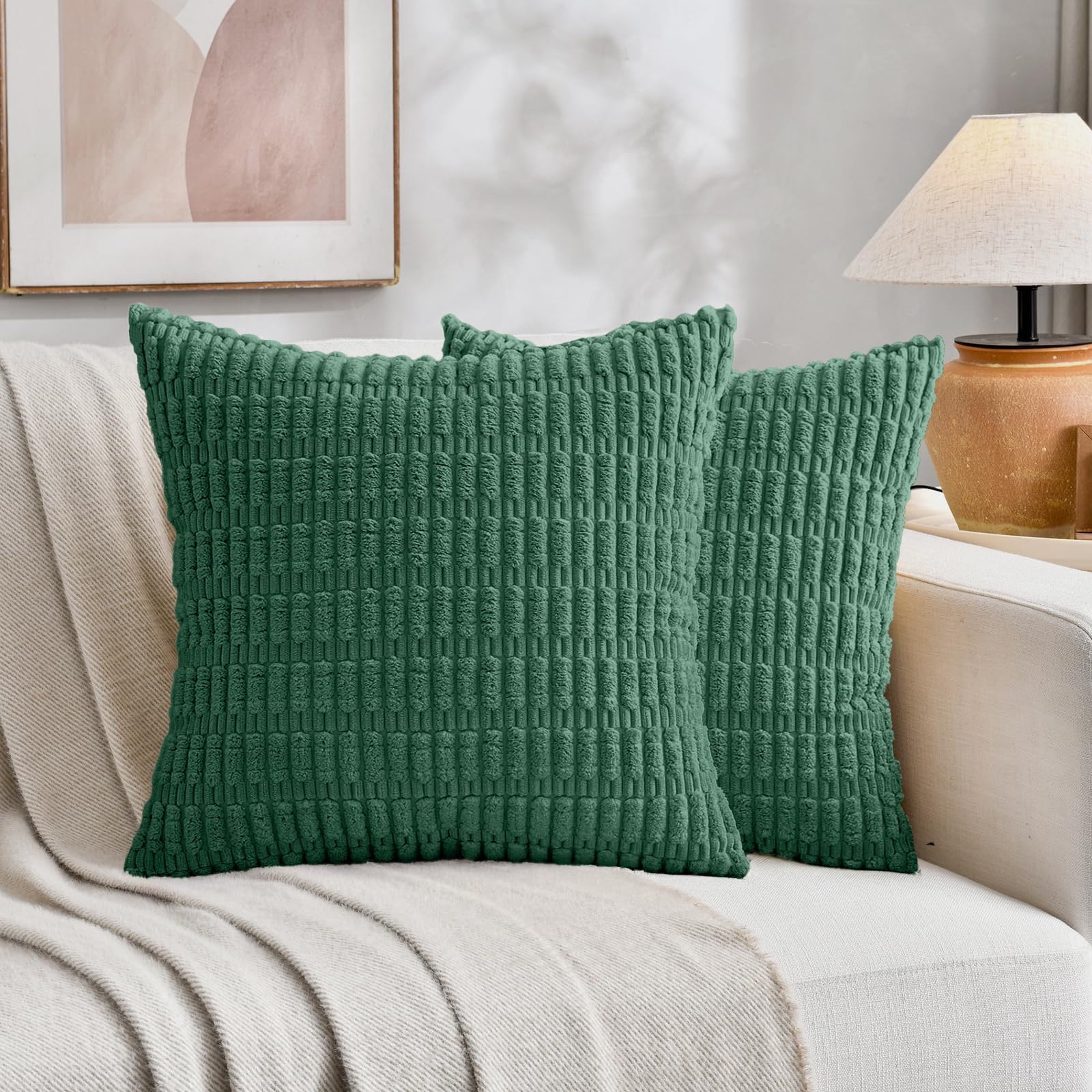 Sanmadrola Throw Pillow Covers 18x18 inch Set of 2 Corduroy Decorative Pillow Cases Couch Pillows Soft Boho Striped Cushion Cases Set for Sofa Living Room Couch Bedroom Car, Dark Green