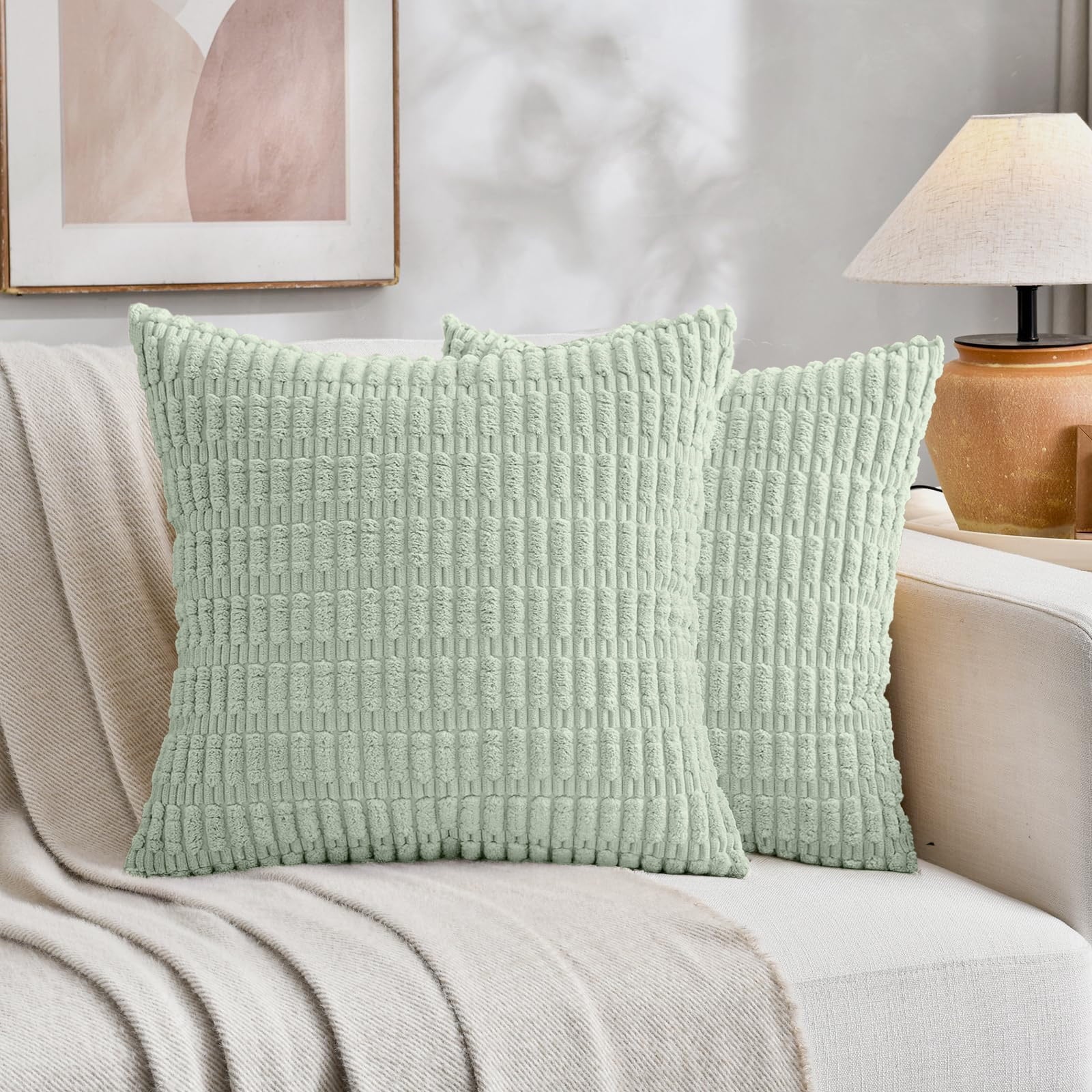 Sanmadrola Throw Pillow Covers 18x18 inch Set of 2 Corduroy Decorative Pillow Cases Couch Pillows Soft Boho Striped Cushion Cases Set for Sofa Living Room Couch Bedroom Car, Dark Green