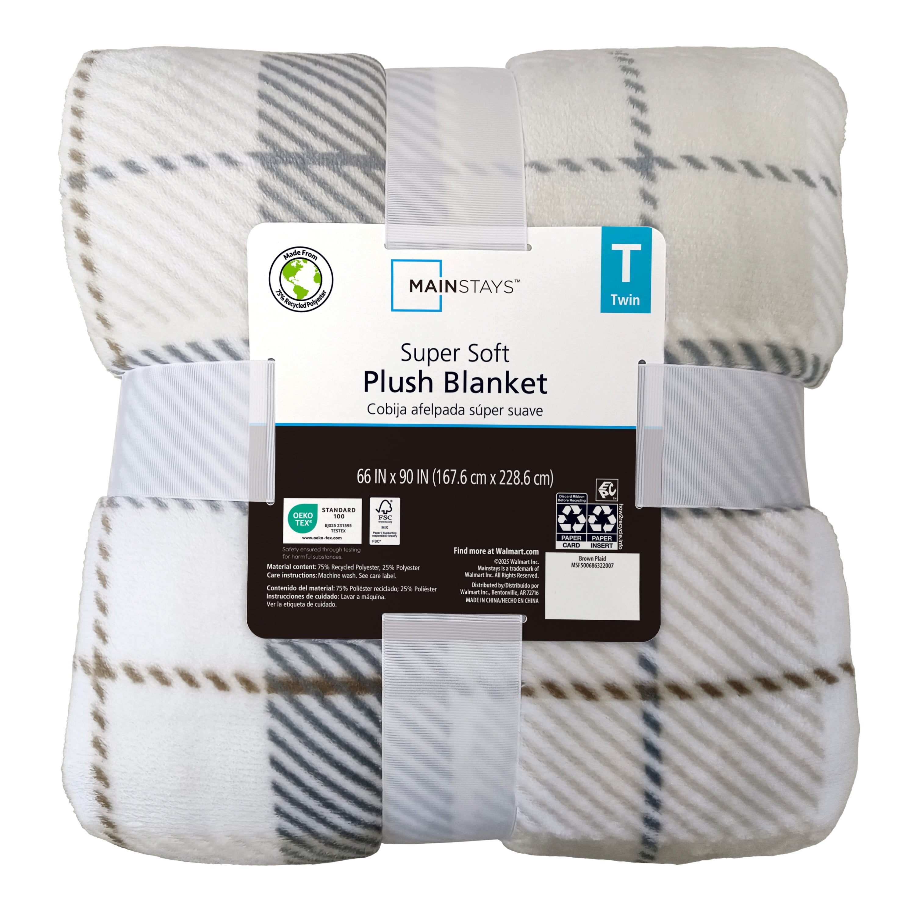 Mainstays Super Soft Plush Blanket, Neutral Plaid, Twin, Adult/Teen