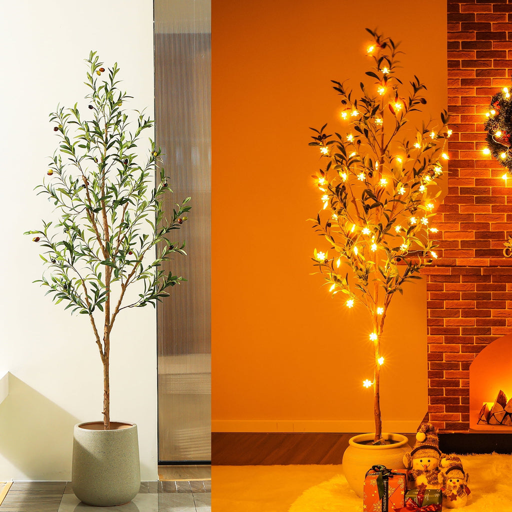 DR.Planzen 6ft Artificial Olive Tree Indoor, Tall Faux Olive Tree, Artificial Plants with Natural Wood Trunk and Lifelike Fruits for Home Office Decor