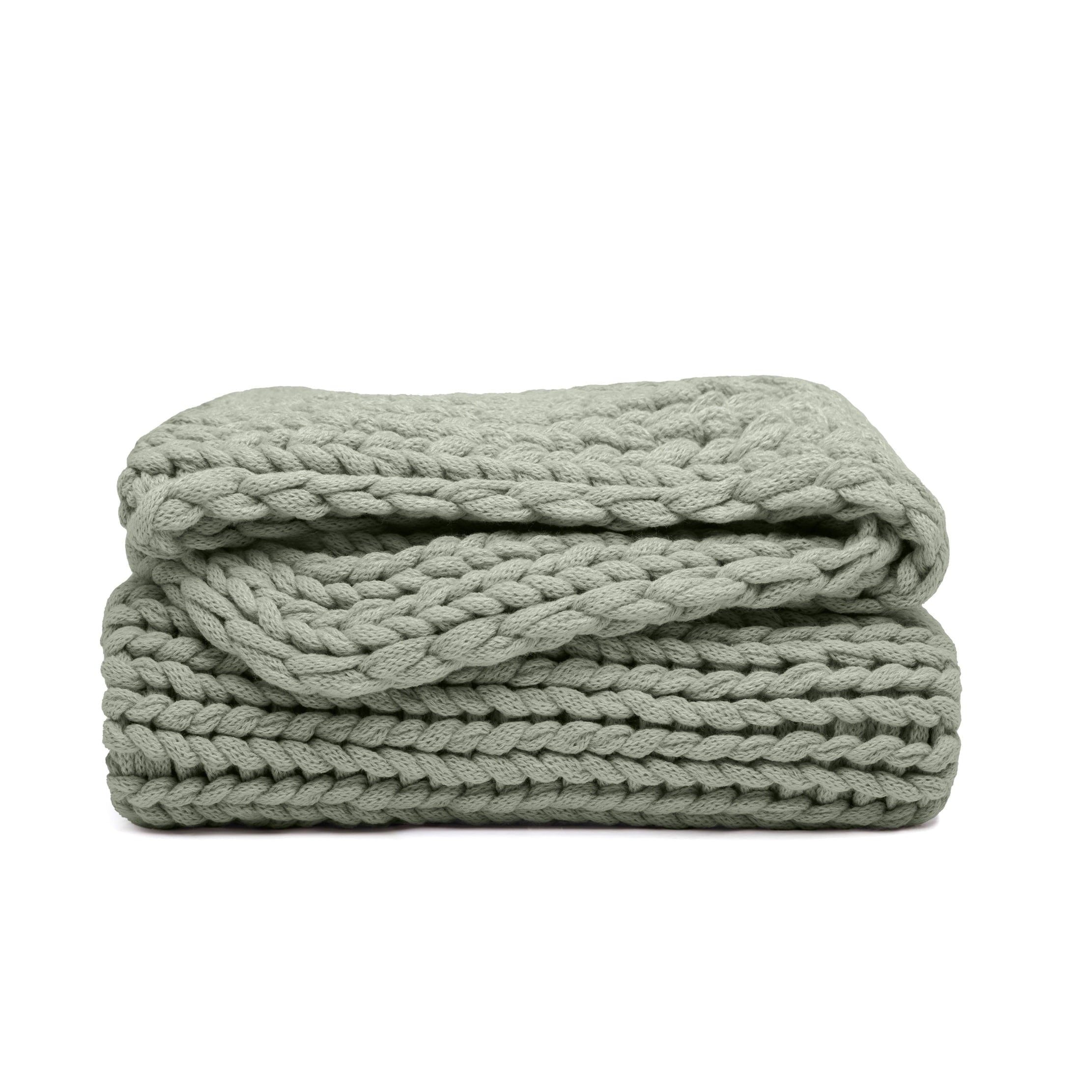 Comfort Canopy - Throw Blanket, Eucalyptus Green Chunky Soft Acrylic Hand-Knit Blanket