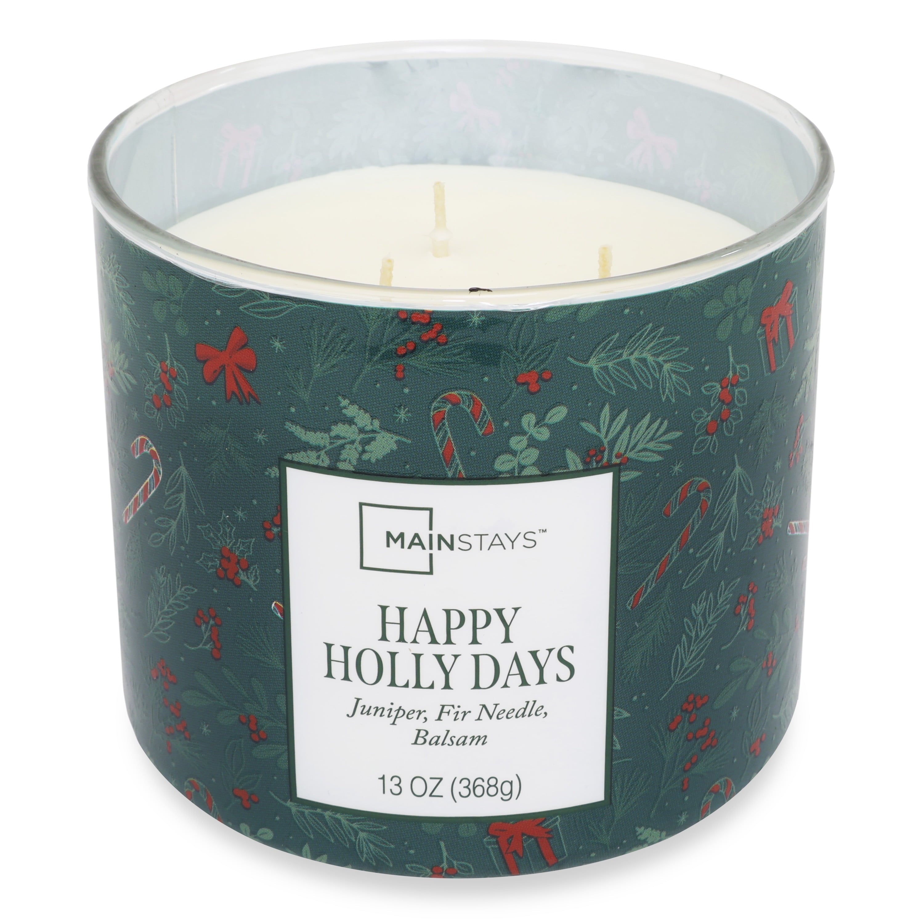Mainstays 3-Wick Happy Holly Days Scented Candle with a Green Garland Toss Scene Wrap, 13-Ounce